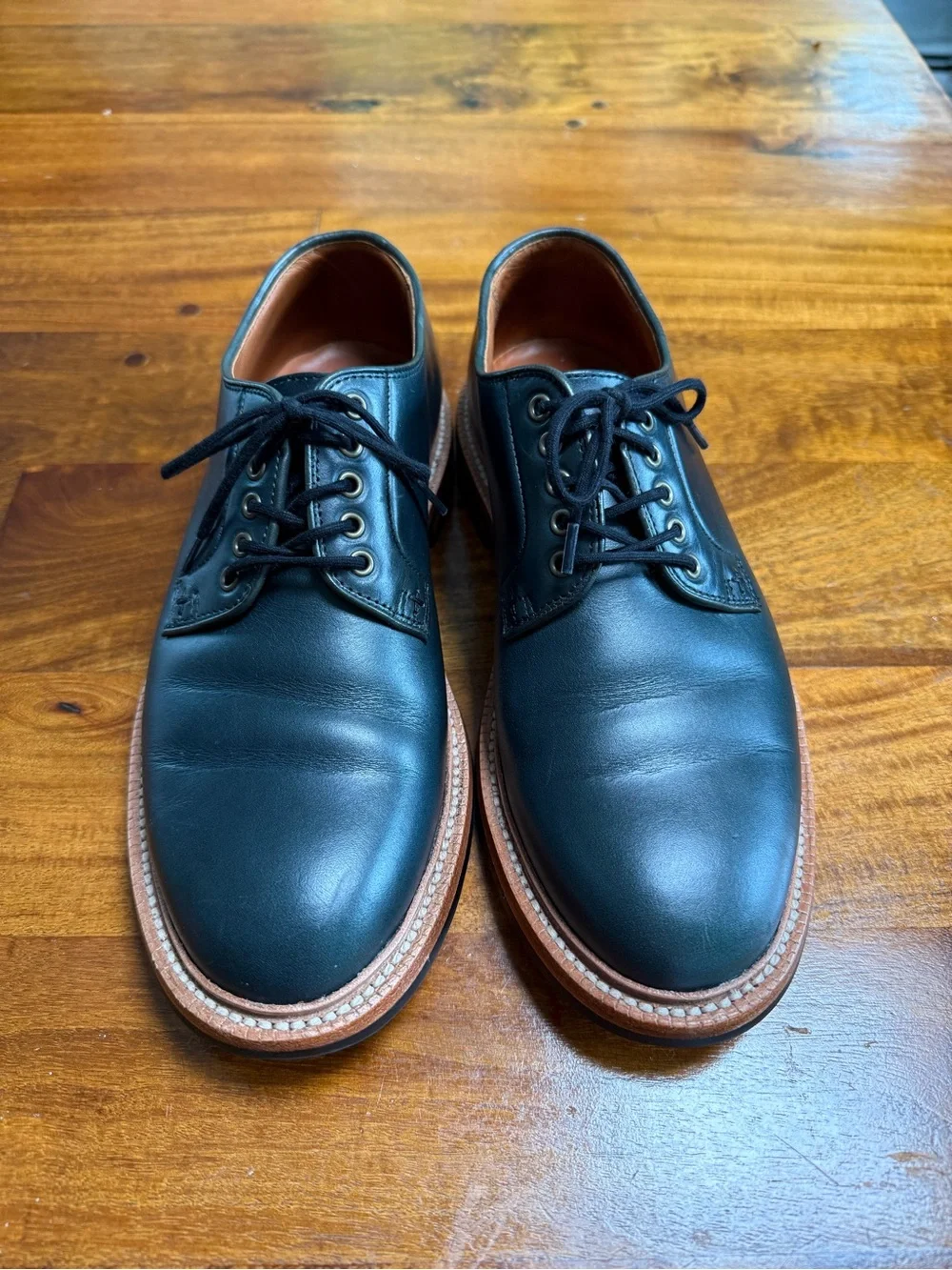 Grant Stone Classic Men's Blue Leather Derby Shoes with Tan Welt